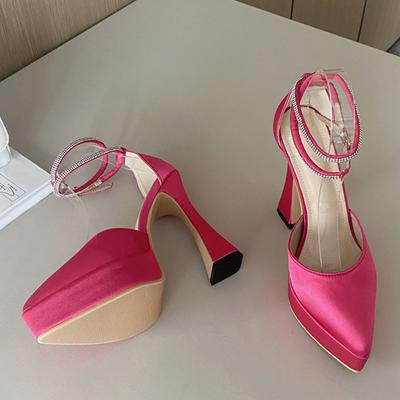 Seksi Kristal Bilek Kayışlı Yüksek Topuklu Kadın Pompaları Sandaletler Moda Düz İpek Sivri Burun Platform Kalın Parti Balo Ayakkabıları