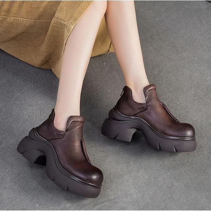 Johnature Retro Genuine Leather High Heels Pumps Commuting Comfort And Versatile Women's Platform Shoes