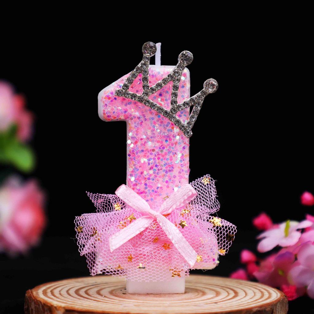 Pink Crown Bow Birthday Candle with Noble Number - Cake Decoration