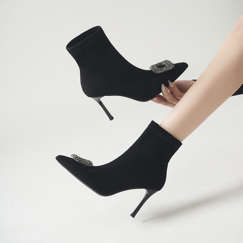 Pointed Skinny Boots Fleece Black Suede Rhinestone Elastic Boots Skinny Heel Short Boots Women