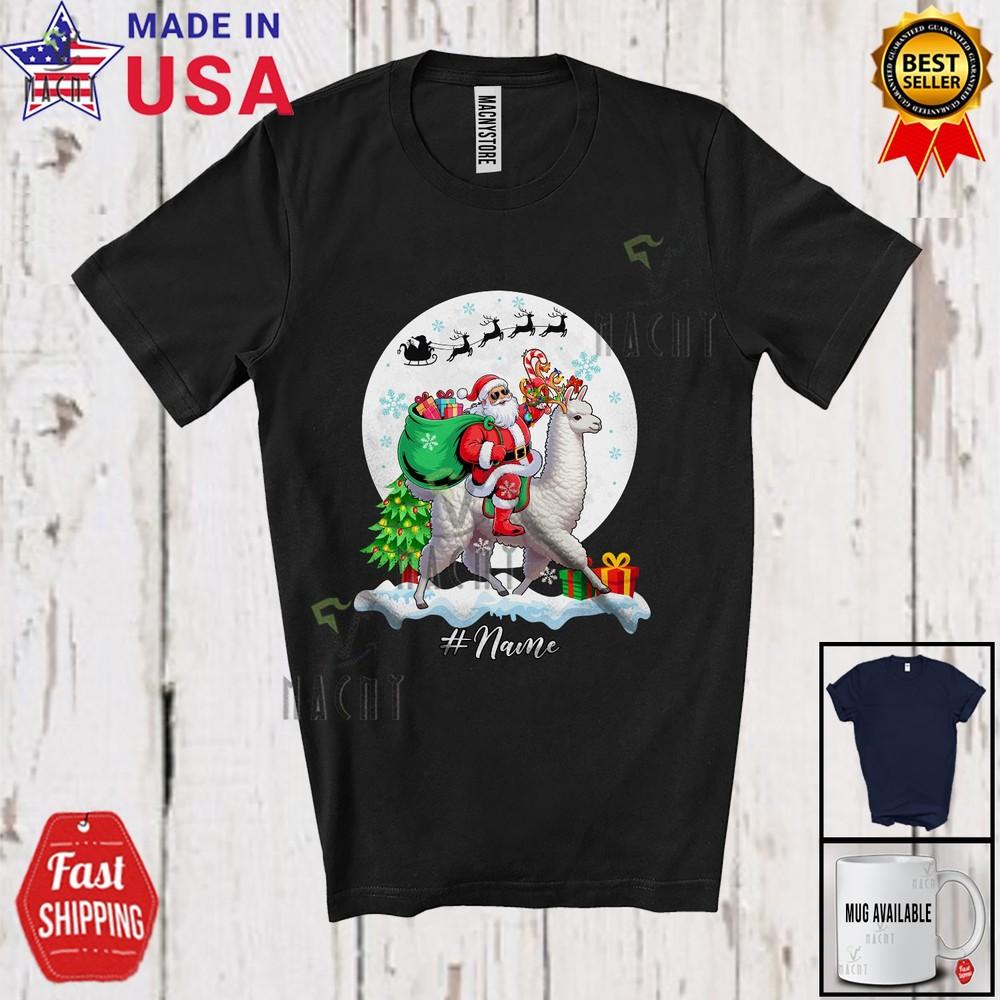 Футболка с индивидуальным именем «Санты верхом на ламе», мисяцем, дикими животными и семьей XL