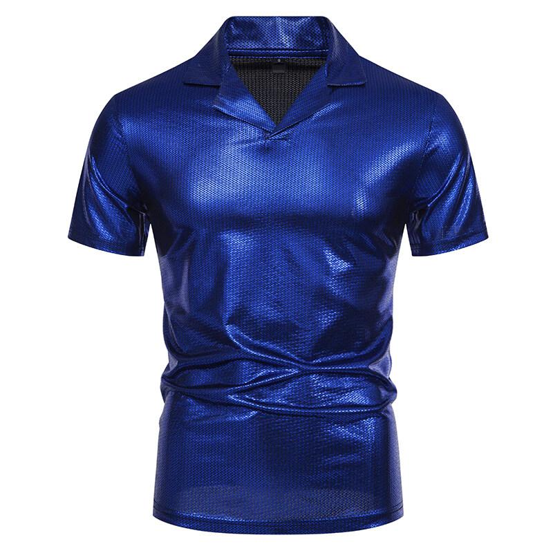 Summer Men's Short Sleeve Polo Shirt Shiny Metallic Streetwear Lapel T-shirts Men Gold Stage Costume Disco Party NightClub Tops