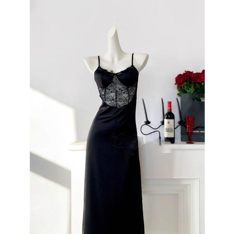 Jingluo Lady Small Bust Sexy Sling Pajamas With Chest Pad Lace Ice Silk Nightdress Long dress To Ankle Exta-long