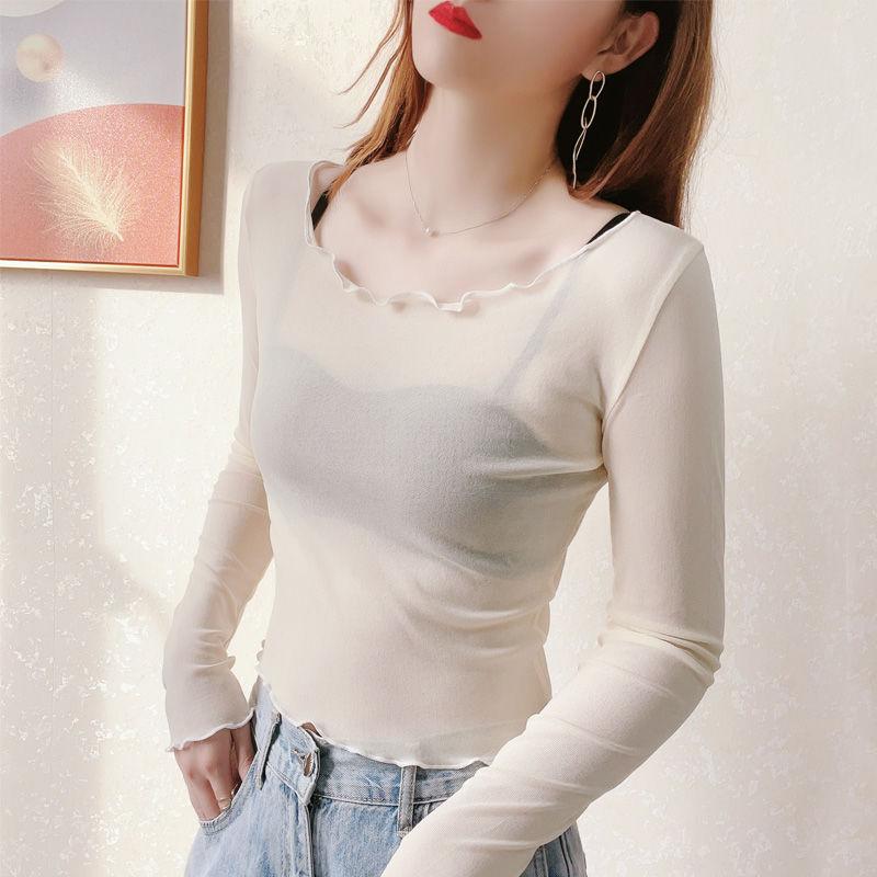 Volánkový límec síťované tričko Dámské tenké krajkové sexy prodyšný pulovr Krátký top opalovací krém Univerzální pohodlná halenka