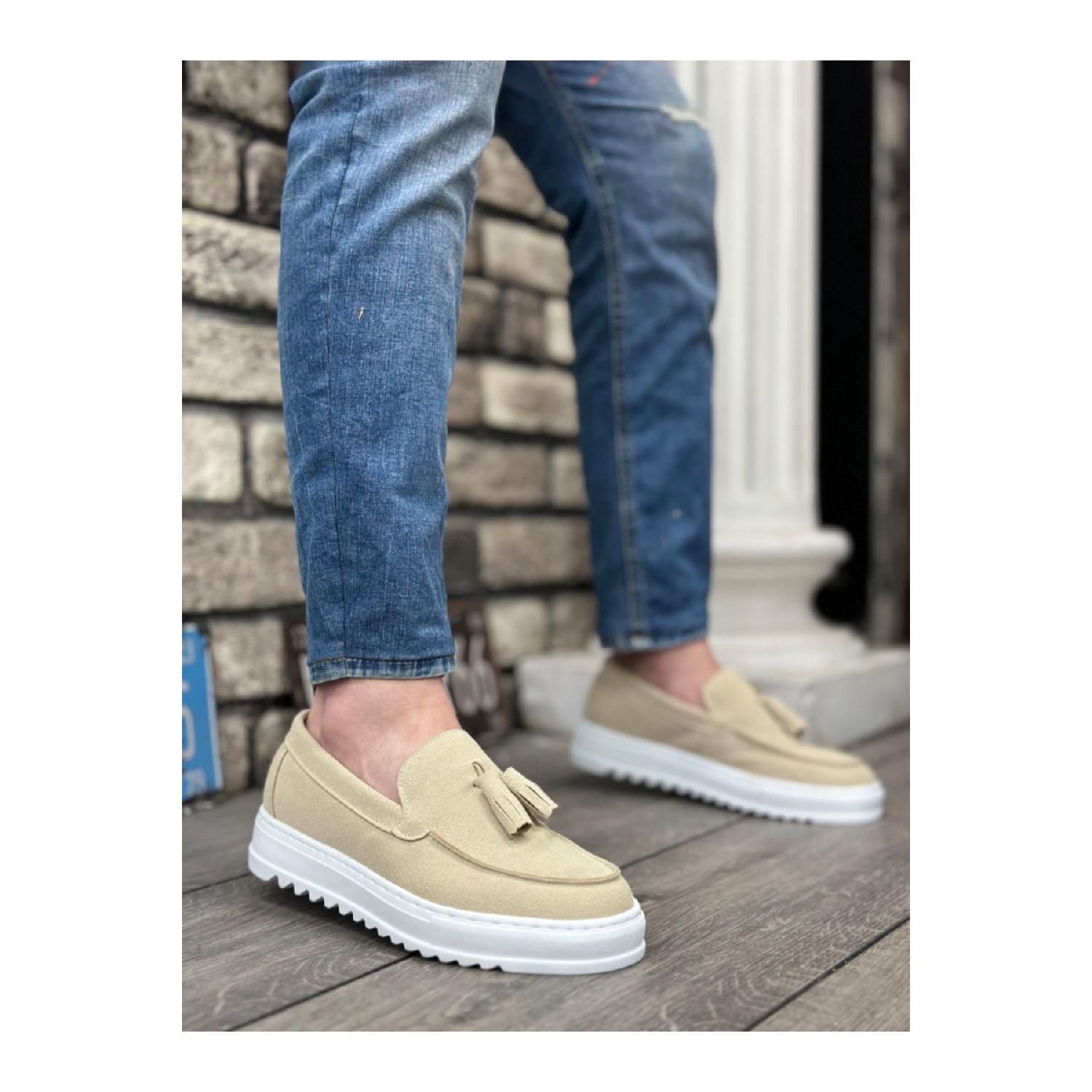 

Ba0154 Laceless High Sole Linen Cream Color Tassel Men s Shoes 40