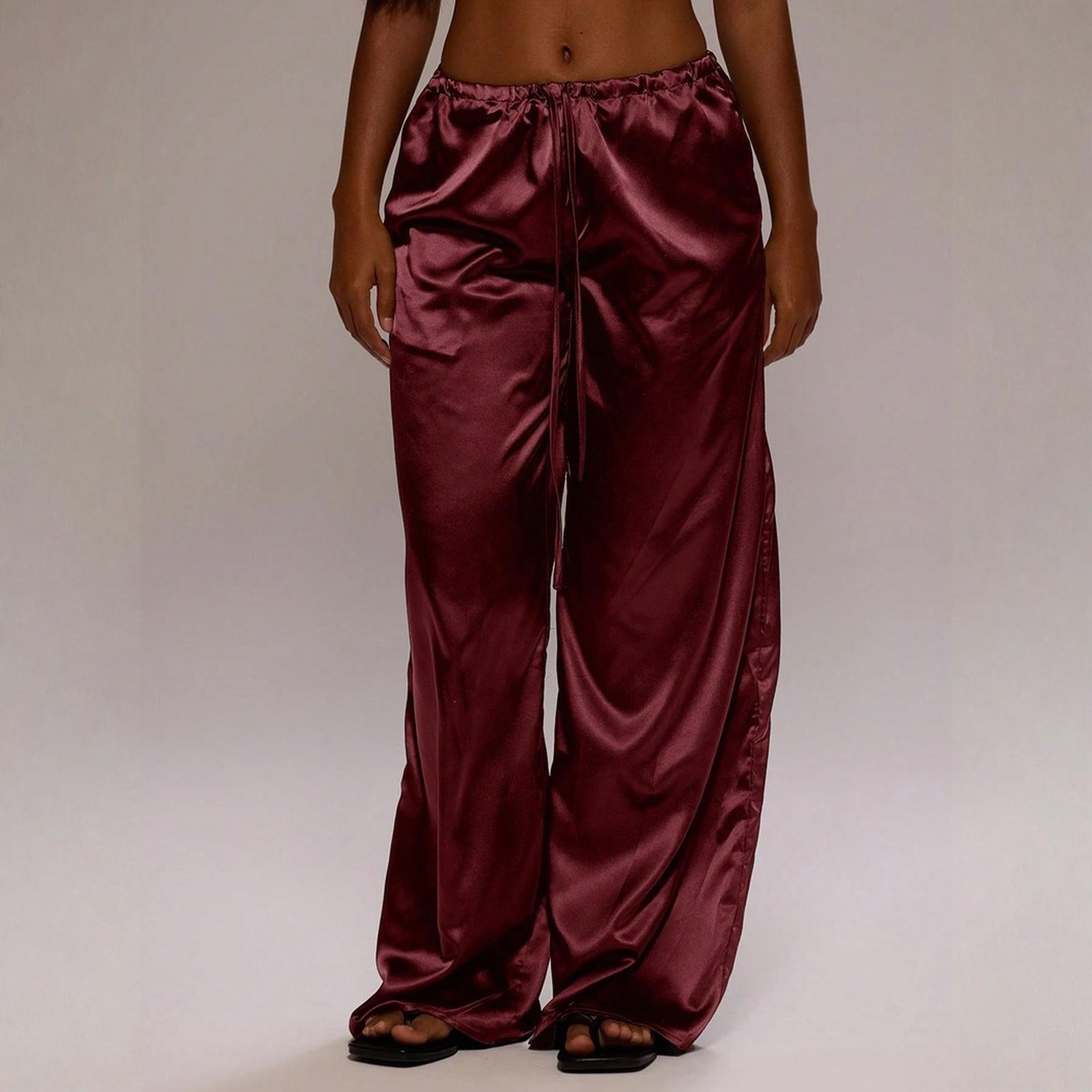 

Fashionable Women s Satin Casual Pants, Loose Wide Leg Drawstring Long Pants XL винний