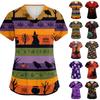 Women V Neck Short Sleeve Printed Top with Pockets Halloween Pattern Comfortable Fit for Healthcare Professionals