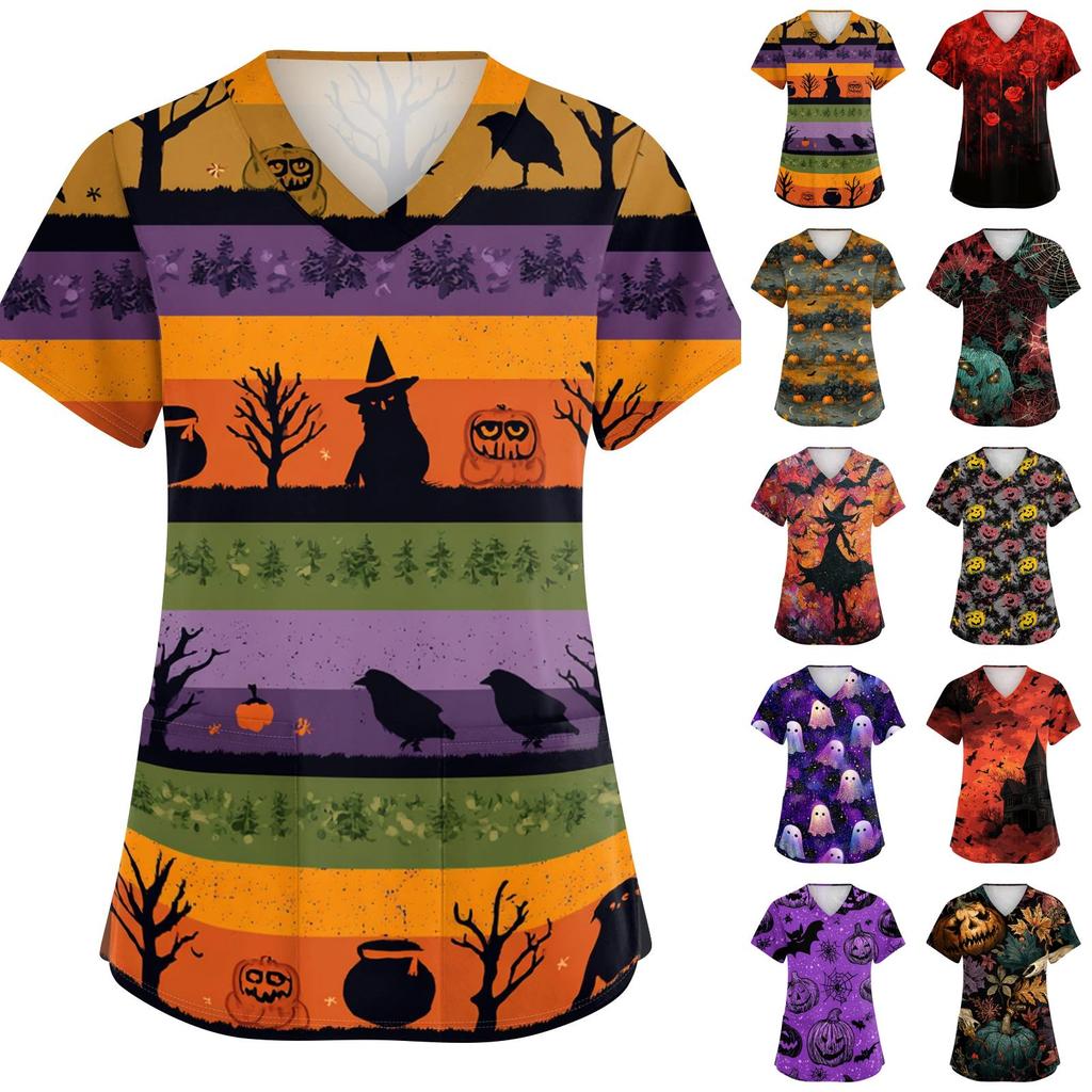 Women V Neck Short Sleeve Printed Top with Pockets Halloween Pattern Comfortable Fit for Healthcare Professionals