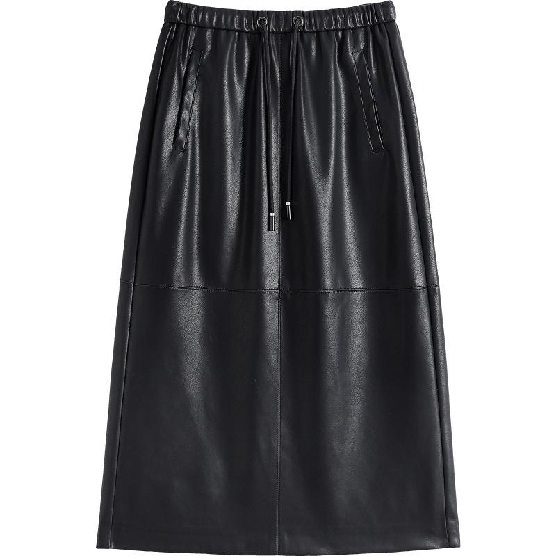 Elegant Slimming Mid-Length Lambskin Skirt with Slit for Women - Fashionable High-End Casual Style