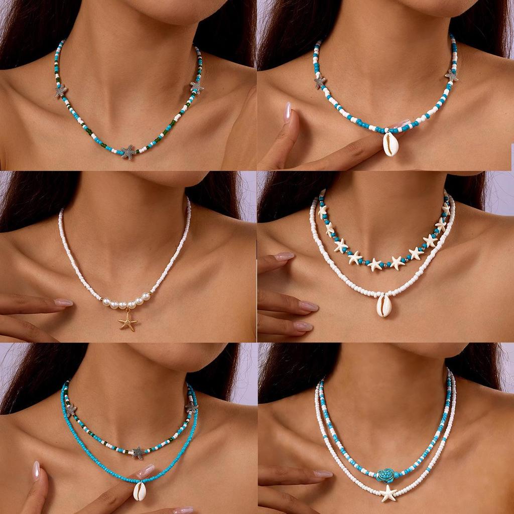 Bohemian Ozean Stil Perlenkette mit Perlen, Seesternen und Muscheln