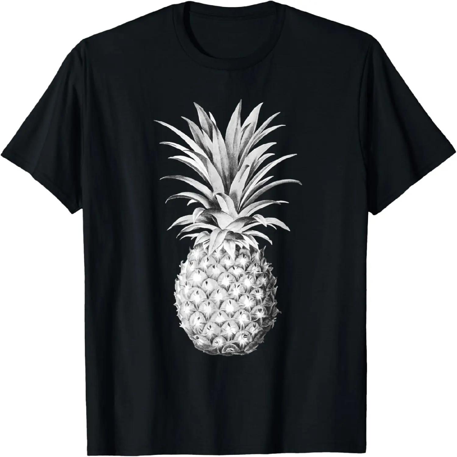 Pineapple Botanical Illustration, Black White and Gray T-Shirt S