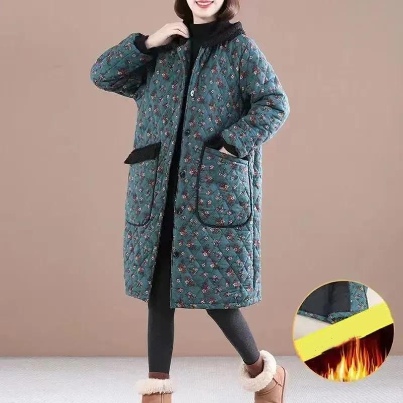 Women Winter Design Flower Floral Print Hooded Coat Ladies Padded Loose Long Sleeve Warm Jackets