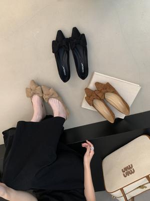 Flache Einzel-Schuhe Damen 2025 neu spitze Schuhe Gummisohle Schleife schwarz vielseitig Arbeit Damen-Schuhe