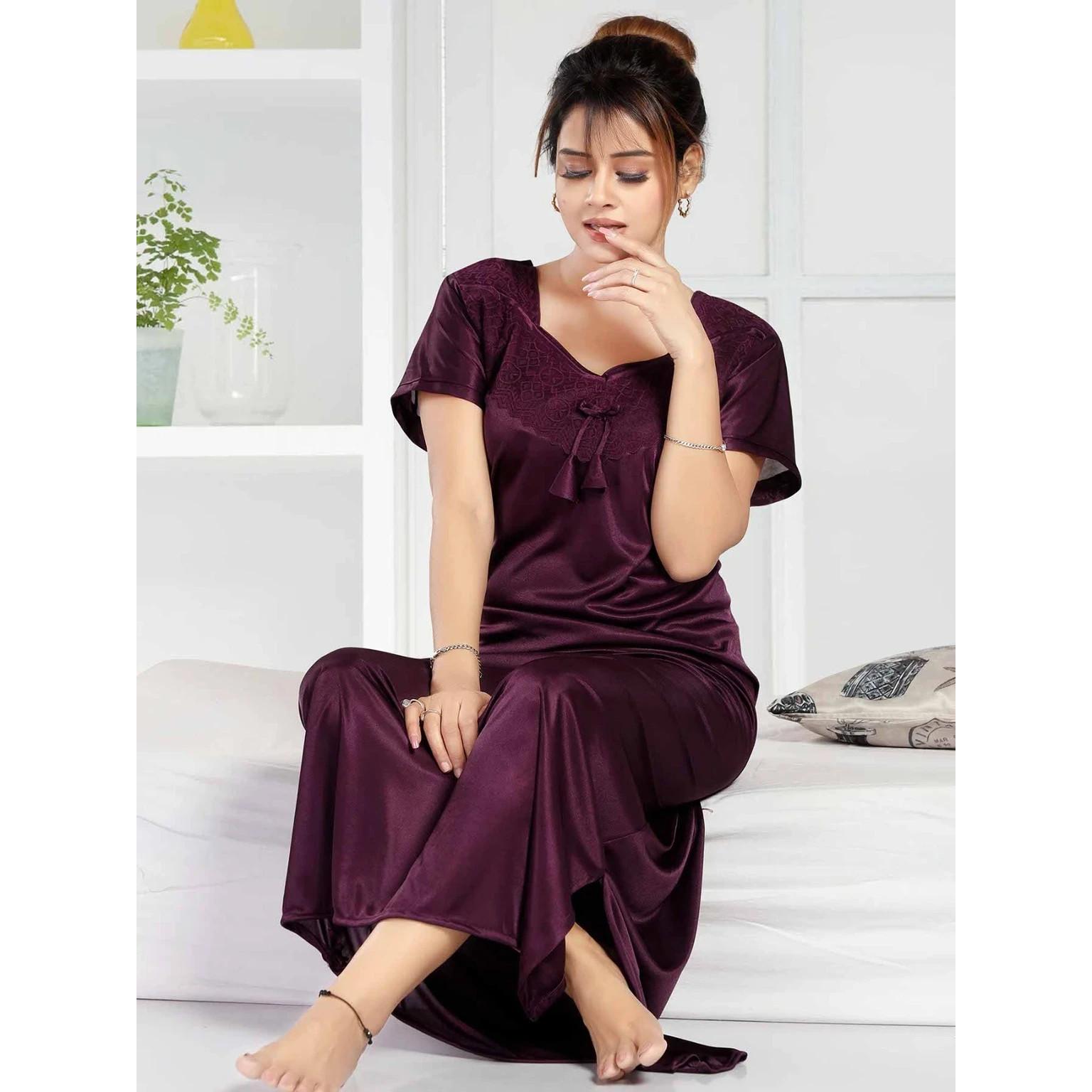 

Indian Designer Beautiful Night Gown Women Breathable Nightwear Satin Nighty Free