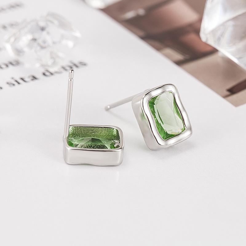 Elegant Green Zircon Square Stud Earrings for Women - High-End Hong Kong Style, Unique and Sophisticated Design.