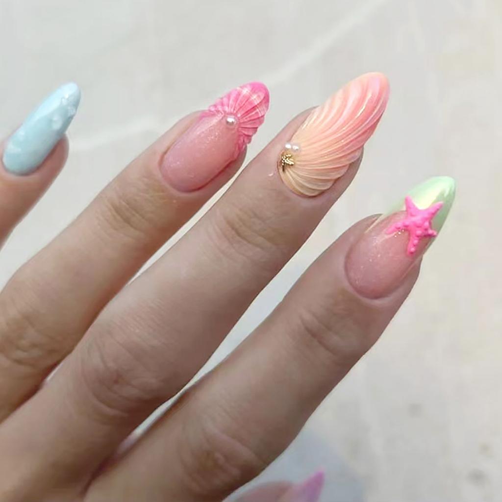 Almond Shape Short Press on Nails With Sea Star Pattern Short Sweet Stick on Nails for Stage Performance Wear