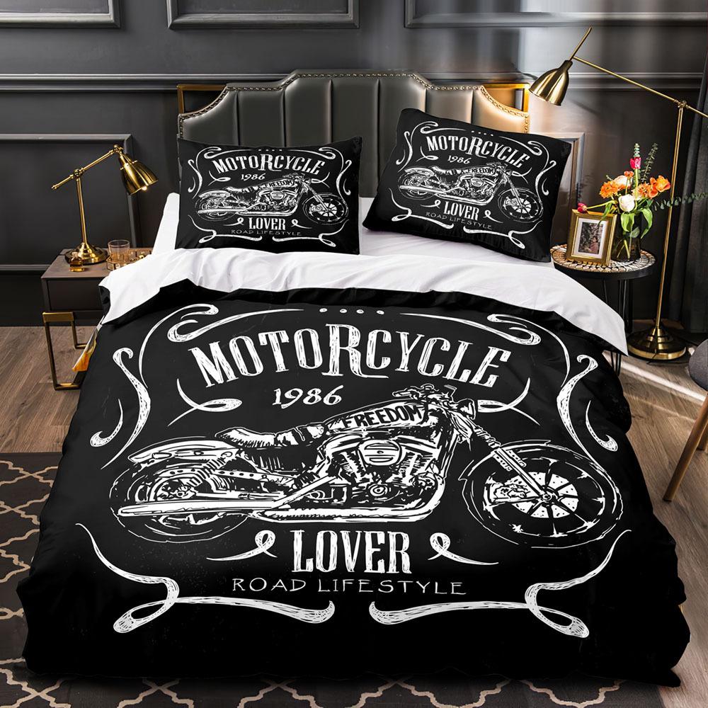 3D Printed Retro Motorcycle Bedding Set for Boys and Men, Down Duvet Cover and Pillowcase 2/3pc, Single Double Bed, All Sizes Duvet Cover Set