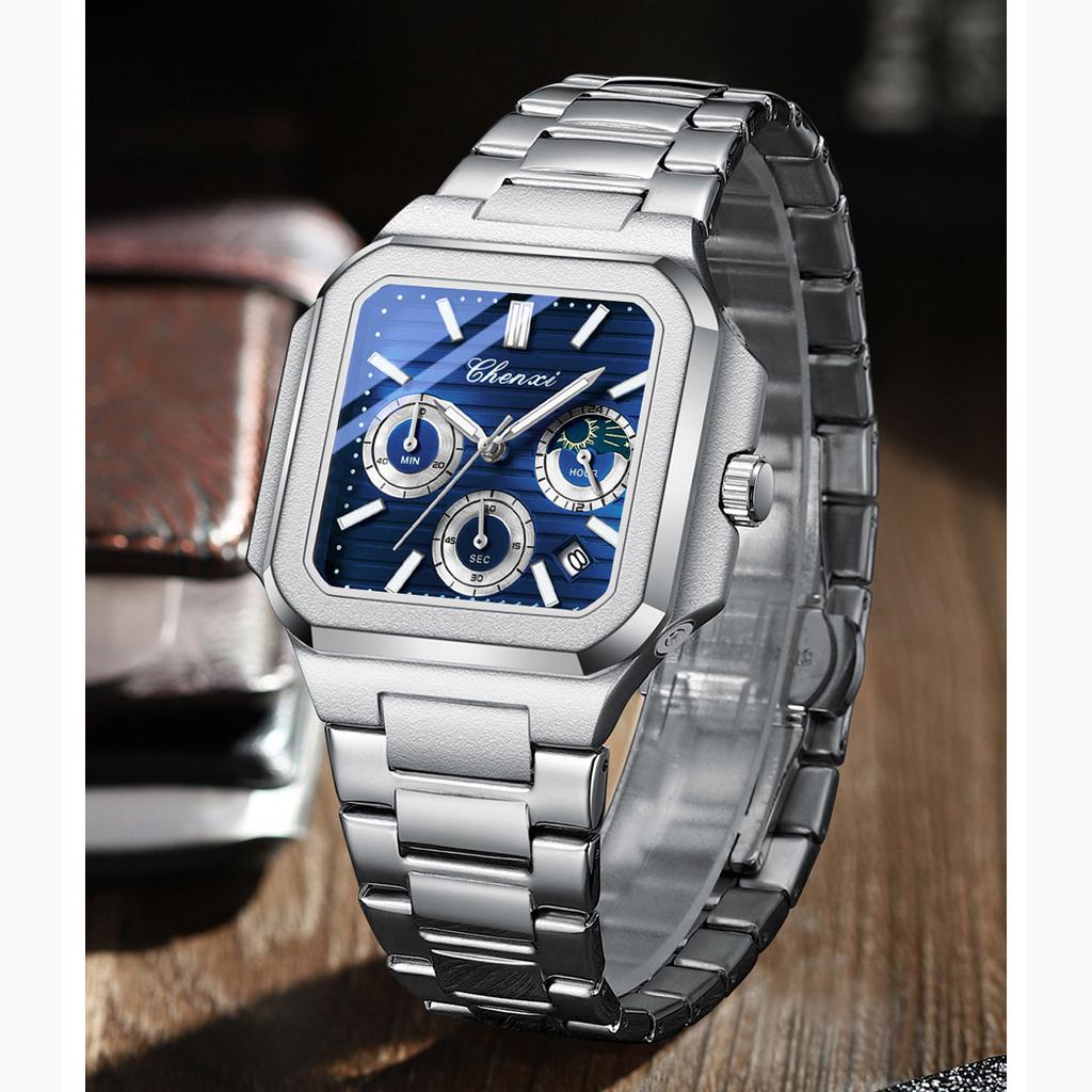 Fashion Men Watch Luminous Waterproof Chronograph Date Man Wristwatch Square Stainless Steel Quartz Men's Watches Reloj