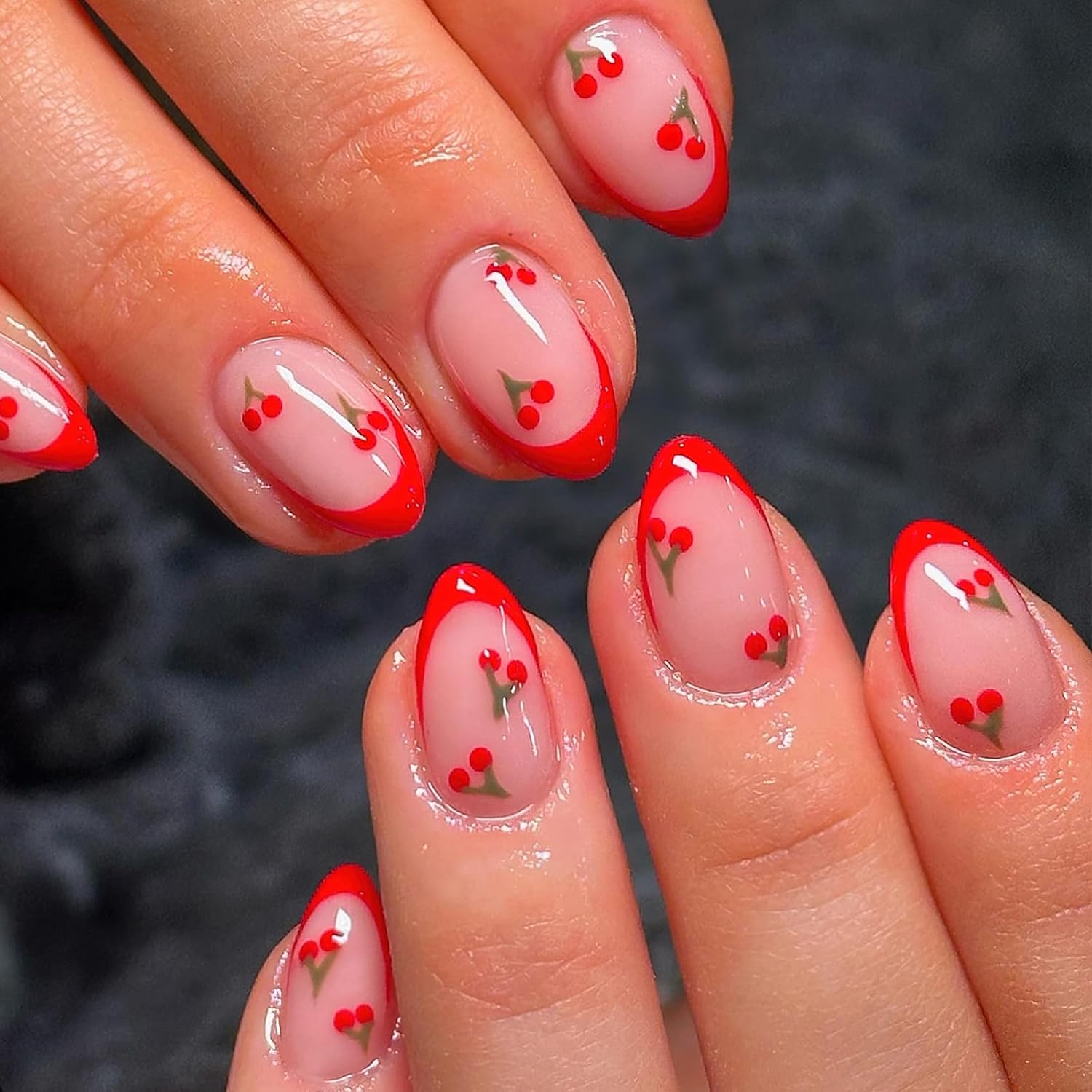 

24Pcs Short Almond Press On Nails, Nude with Red French Tips & Cherry Print Fake Nails with Glue United States