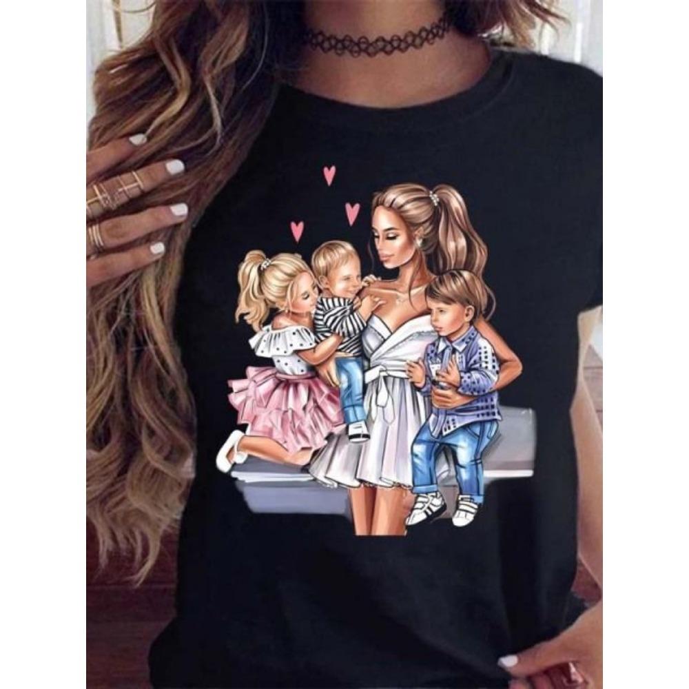 Maycaur Women T Shirt Cartoon Mom Daughter Son Print Lady T-shirts Short Sleeve Tops Women's Kawaii Graphic Female Tshirt Clothe