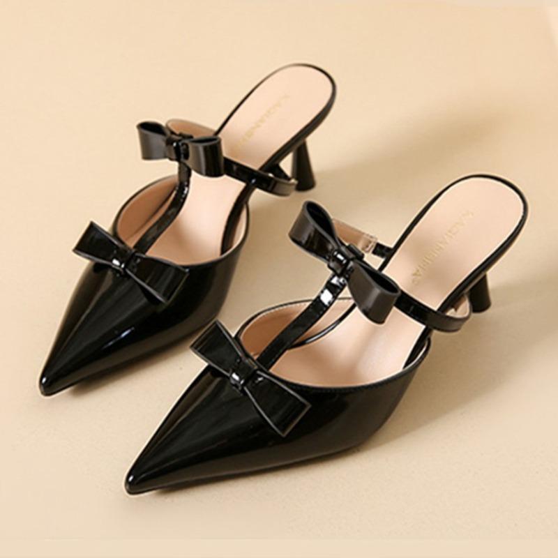 Fashion Elegant Black Pointed Toe Pumps Women Sweet Butterfly-knot T Strap Decoration Slide Sandals Fashion Comfort Brand Designer Shoes