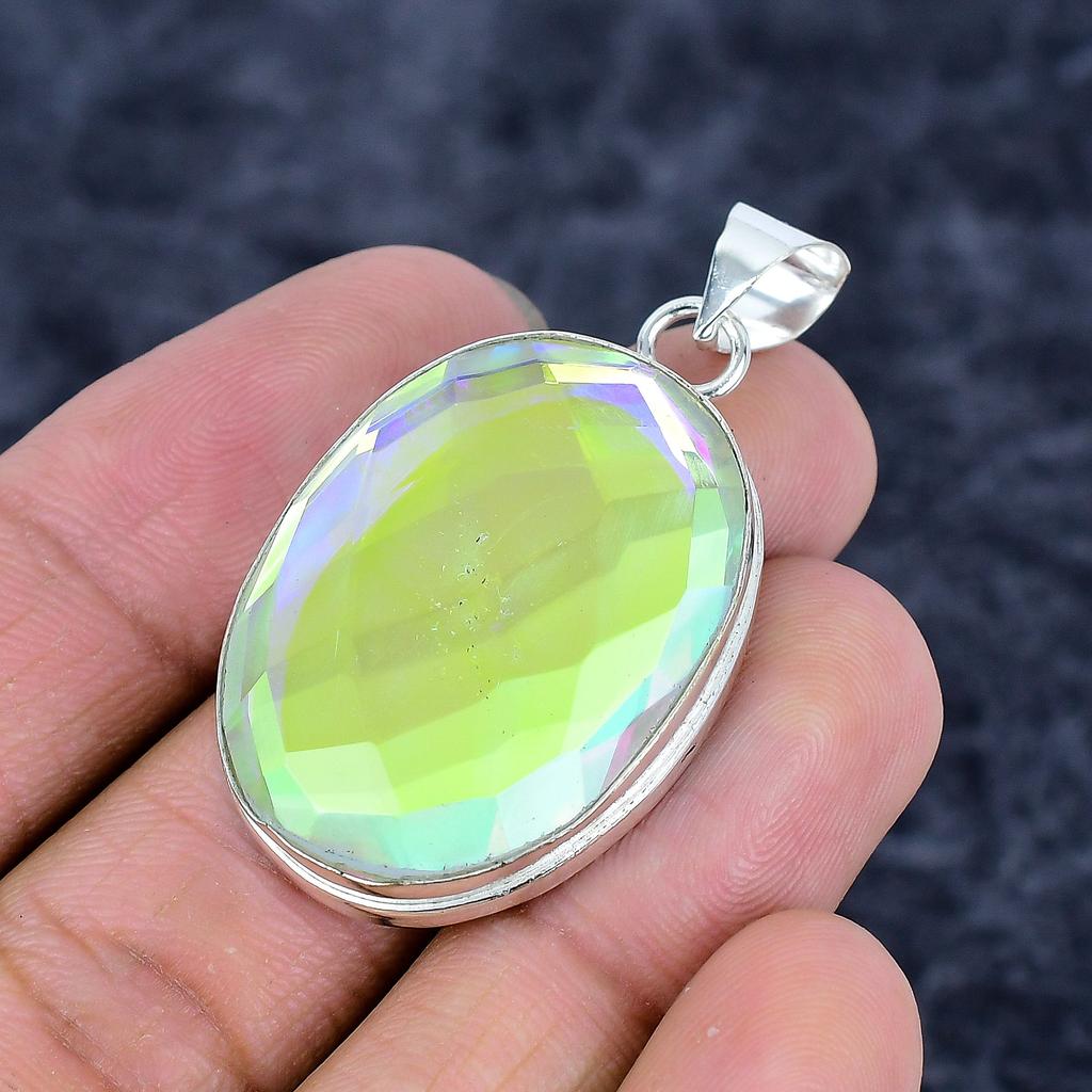 Mystic Glass Gemstone Handmade 925 Sterling Silver Jewelry Pendant 1.89" M-3250