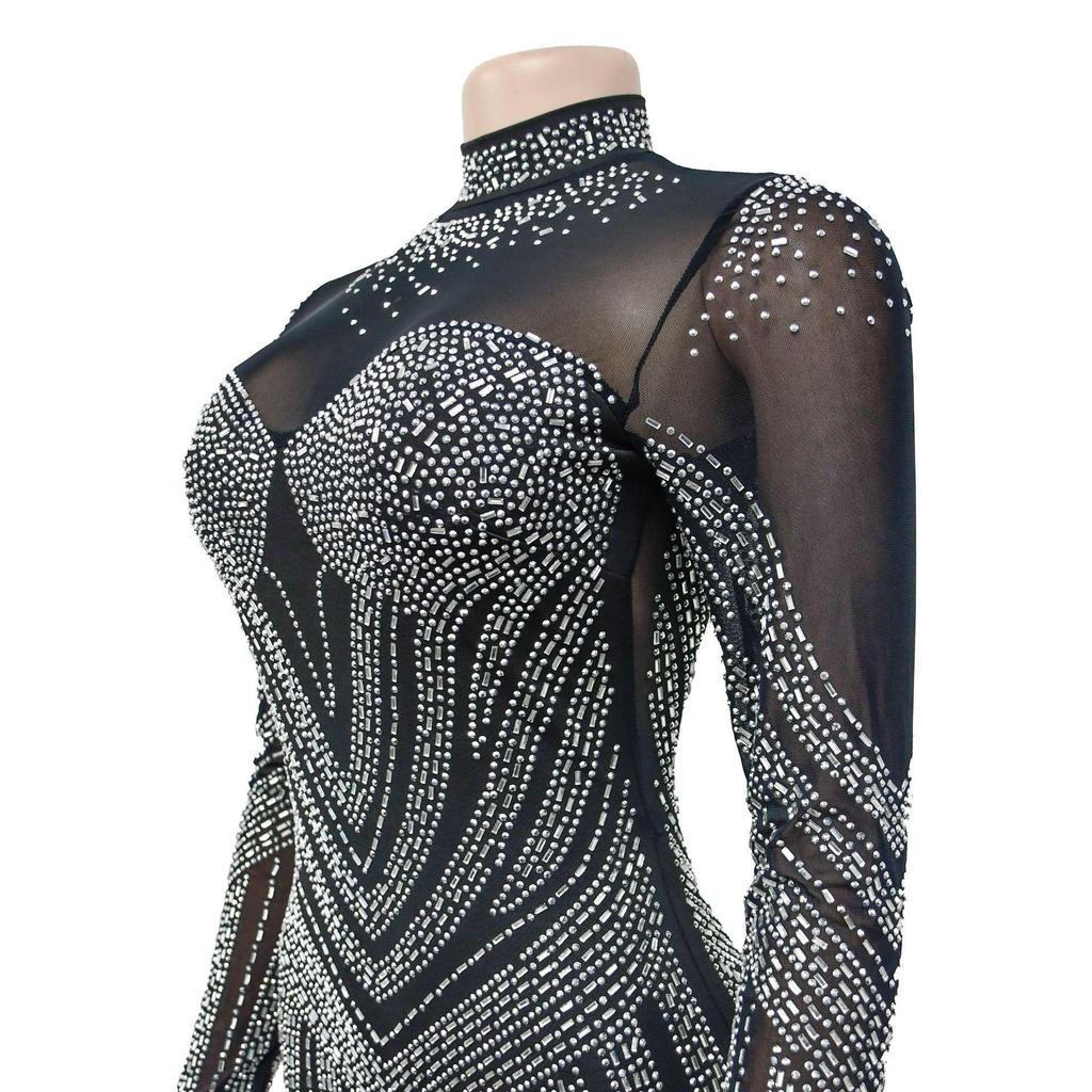 European and American Fashion Women's Solid Color Mesh Rhinestone Long Sleeve Mini Dress