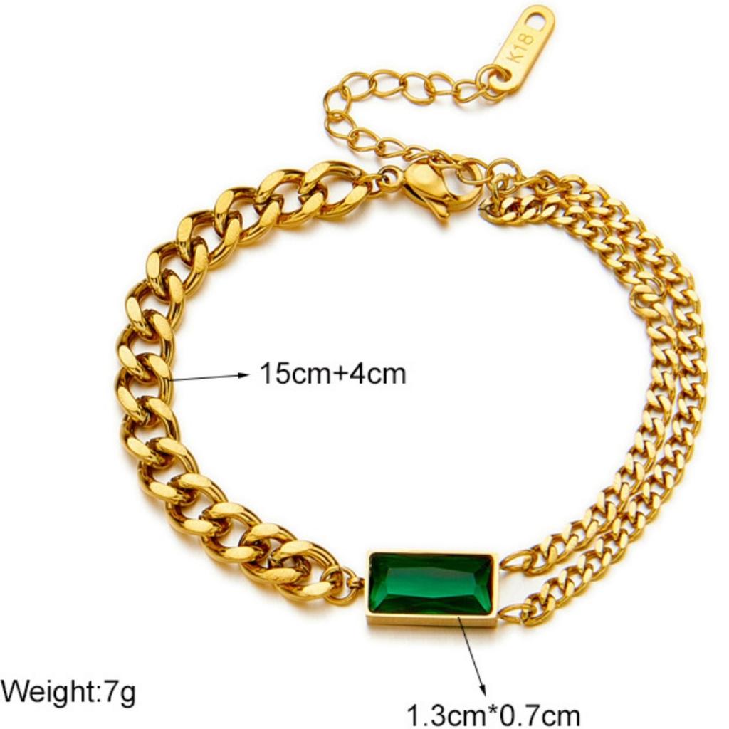 Fashion Simple Luxury Light Gold-Plated Titanium Steel Chain With Diamonds Rectangular Green Diamond Double Chain Simple Square Bracelet Female