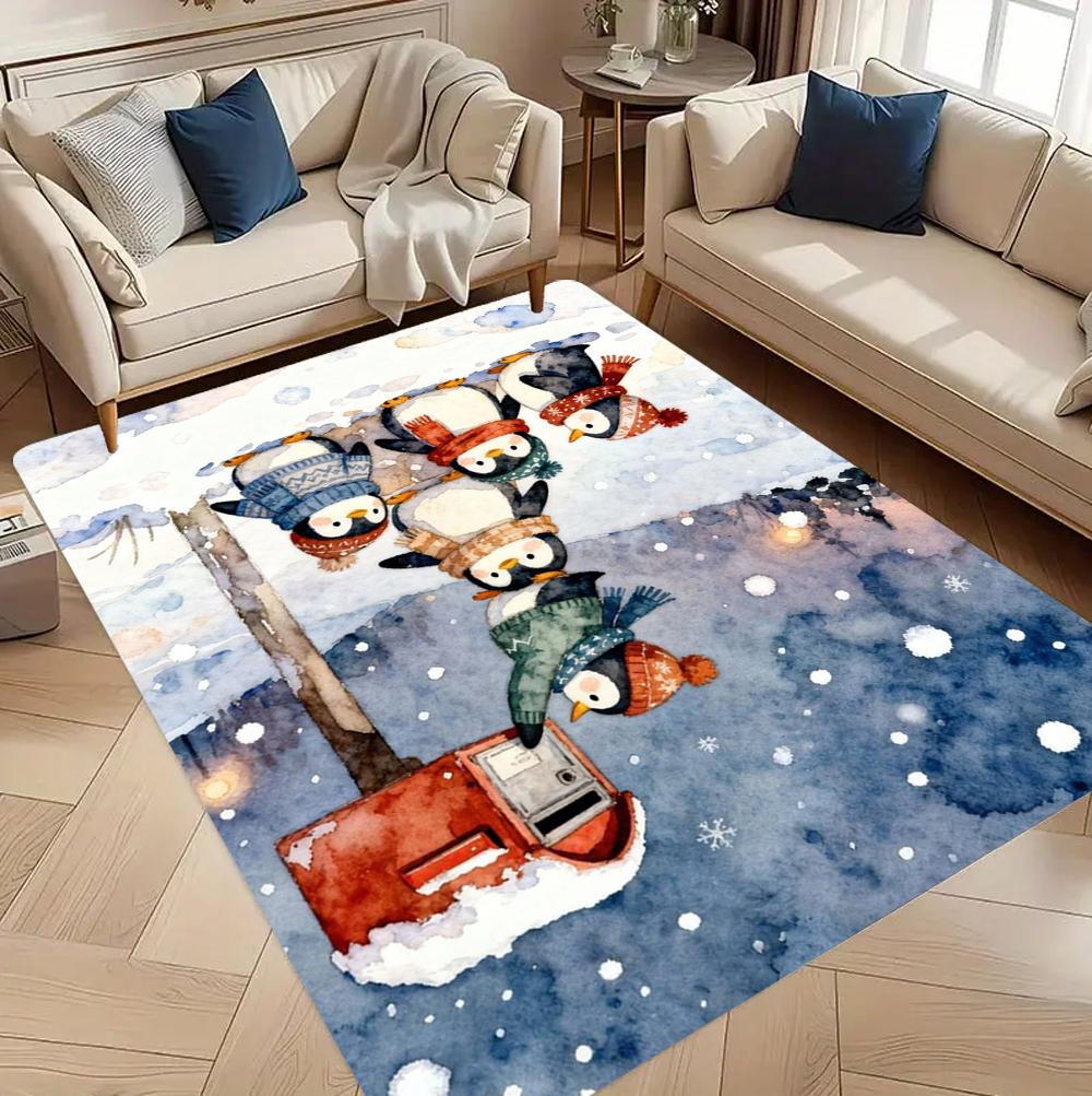 Christmas Chick Penguin Sledding Area Rug for Living Room Bedroom Festive Winter Home Decor Soft Floor Carpet Non Slip Durable 40X60cm