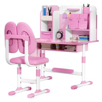 School Desk Chair Set 2Pcs/Set Kids Study Set, Height Adjustable Children Table with Learning Sitting Corrector, Ergonomic Book Stand, Foot