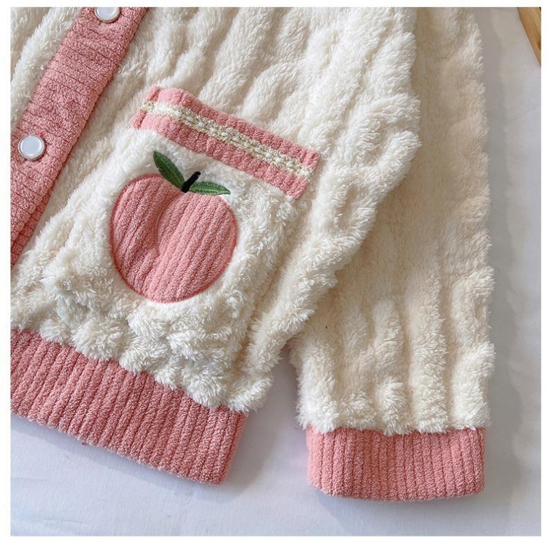 Zahuštěné teplé oblečení na spaní Růžová broskev Korálový samet Dámské Obleky pro domácí oblečení Podzim a zima Dámská Cardigan Dvoudílná sada nočního prádla