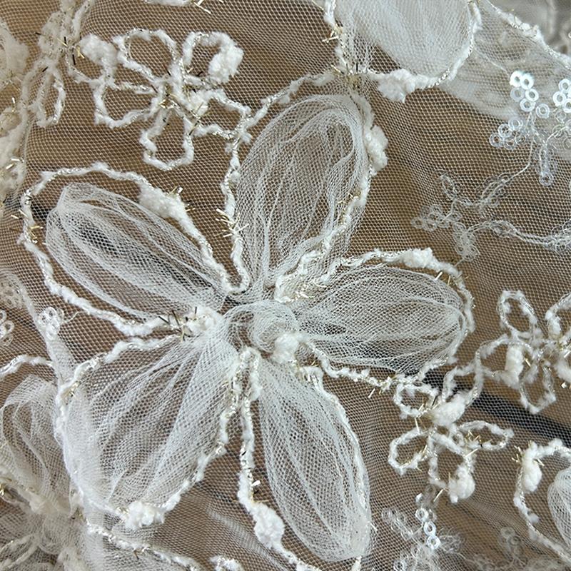 Ins Style Grey Blue Lace Mesh Fabric 3D Flower Embroidery Thread Sequin Tulle Fabric For Diy Sewing Dress Costume Wedding Veil