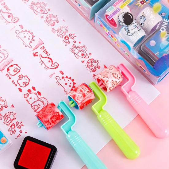 Cartoon Animal Rolling Stamp with Ink Pad Cute Self-Inking Roller for Kids Students Fun Classroom Prize Kindergarten DIY Craft Supply
