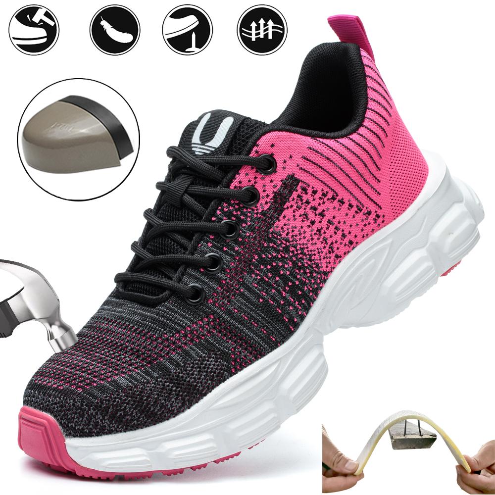 Women's Steel Head Safety Shoes Smash Proof Stab Penetration Air Lightweight Pure Black Simple Sneakers Women's Work Shoes