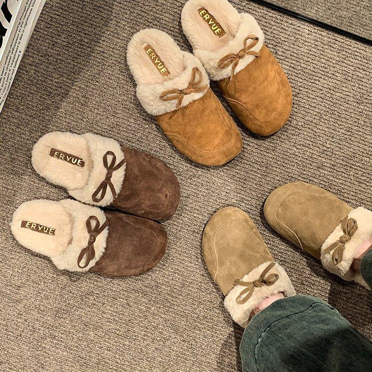 [Youshilai] Retro Baotou Thick-soled Fluffy Half-slippers Women's 2025 Autumn New Lazy One-pedal Doudou Shoes