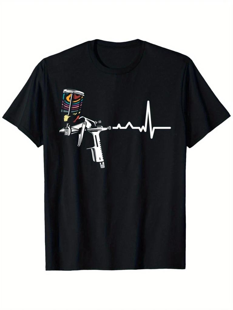 T-shirt Graphique Battement de Cœur Pistolet à Peinture Spray Style Street Art Graffiti Tee