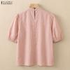 ZANZEA Women Stand Collar Solid Color Loose Casual Half Sleeve Blouse