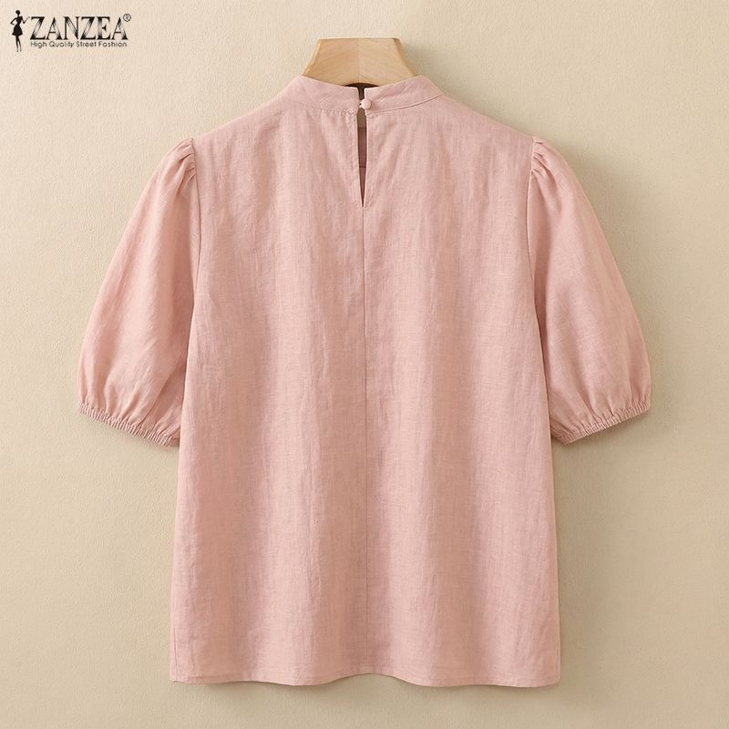 ZANZEA Women Stand Collar Solid Color Loose Casual Half Sleeve Blouse