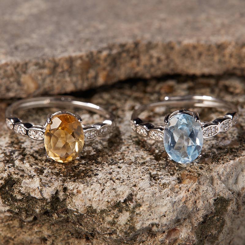 Xiaohongshu S925 Sterling Silver Inlaid Natural Topaz Citrine Ring Women'S Fashion Treasure Earrings