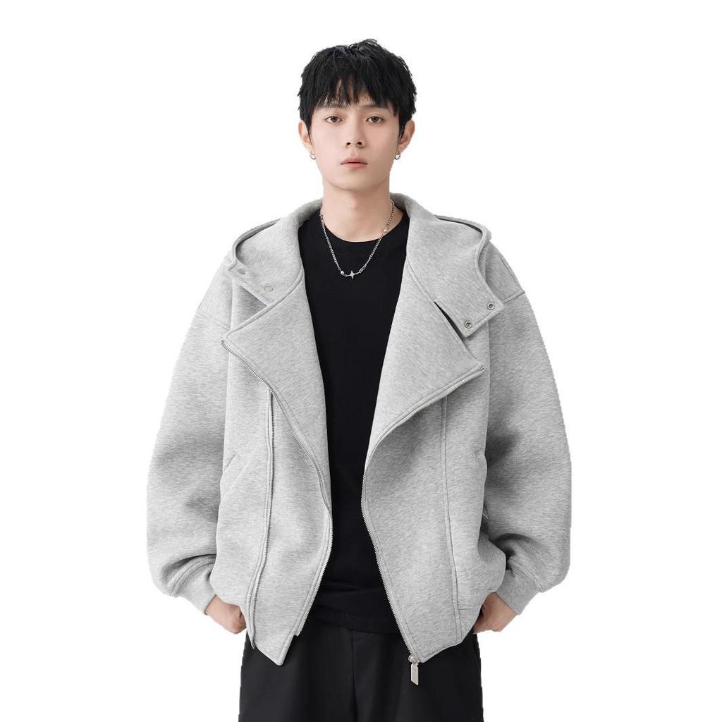 Męski szary kardigan z kapturem: Jesienny nieregularny design, styl uliczny, luźny krój.