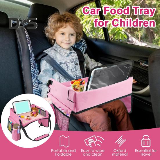

Kids Travel Tray for Car Seat Airplane Toddler Foldable Lap Tray with Water Bottle Holder Mesh Bag for Travel Activities Road Trip рожевий