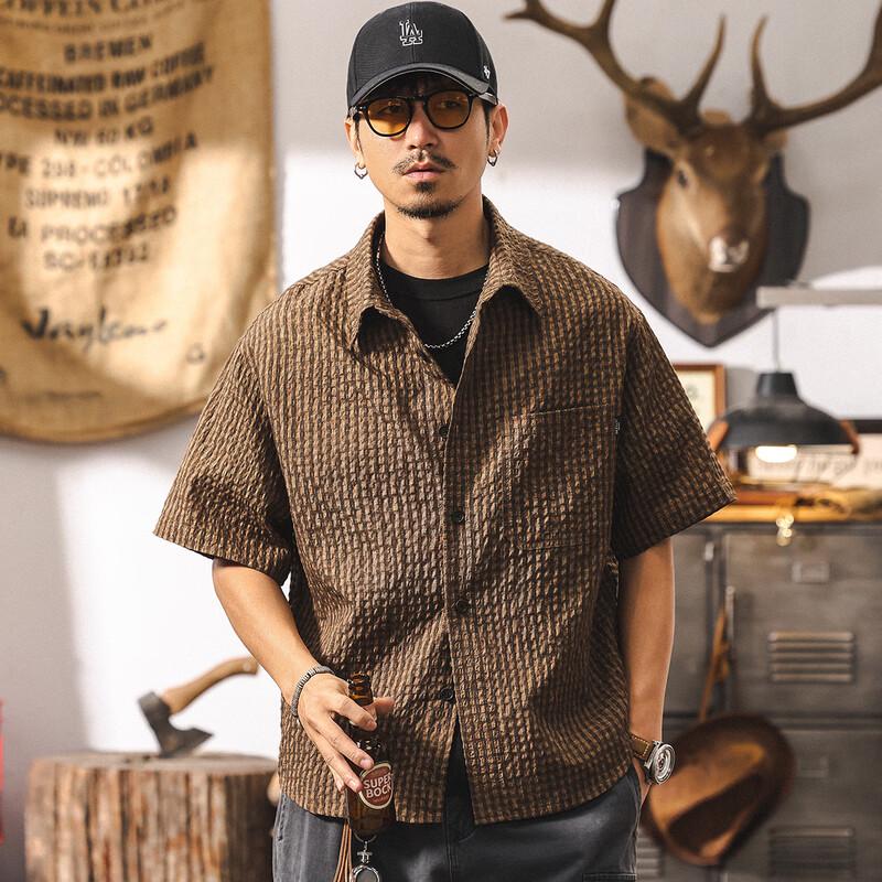 Jie Leinor Men s Summer Seersucker Plaid Short Sleeve Shirt 2XL