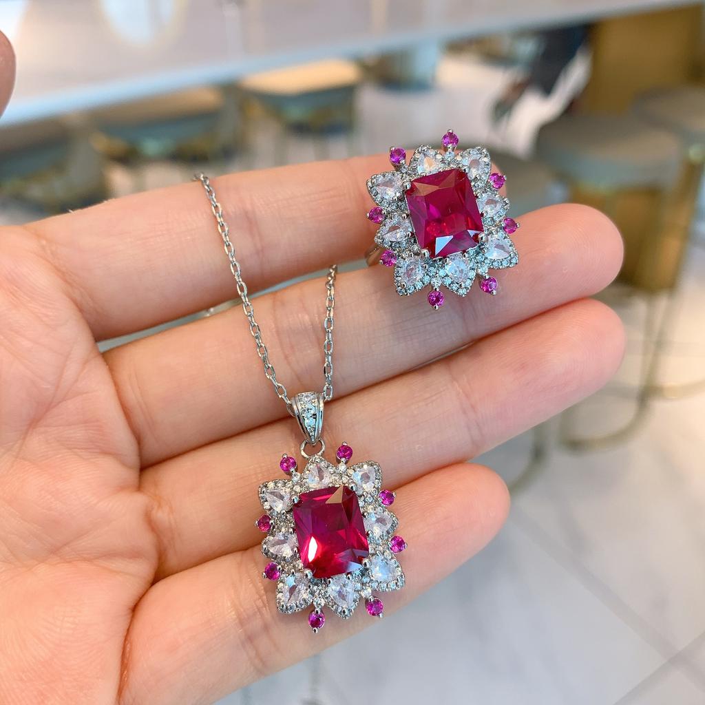Goods: Cross Border Square Inlaid Simulated Red Corundum Ring Emerald Necklace Jewelry Set