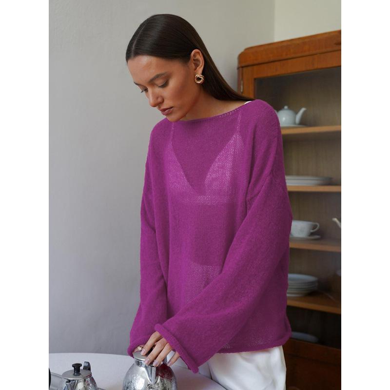 Tooxika Damen Neuer Durchsichtiger Dünner Rundhals Trompetenärmel Ajourstrickpullover
