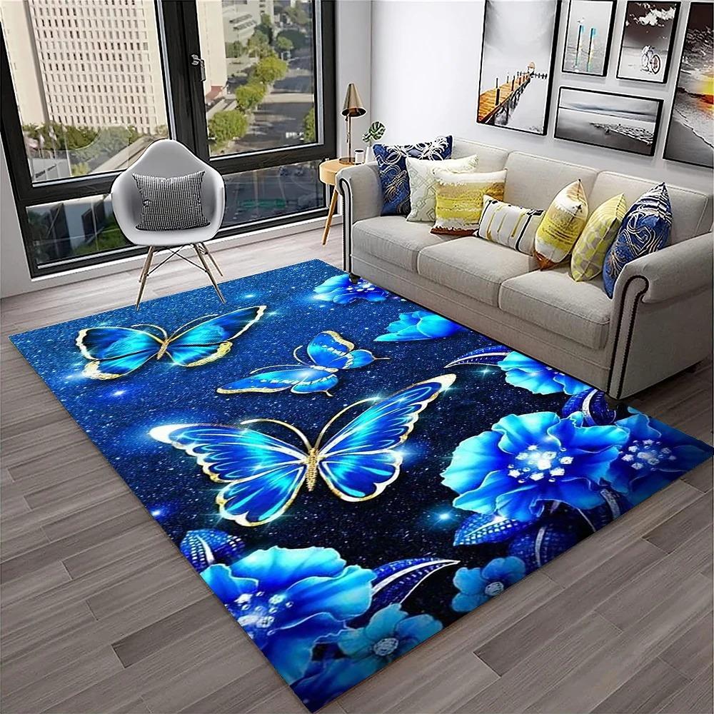 3D Luxury Dream Butterfly Flower Carpet Non-slip Floor Mat for Home Living Room Bedroom Sofa Washable Kid Play Area Decor Rug