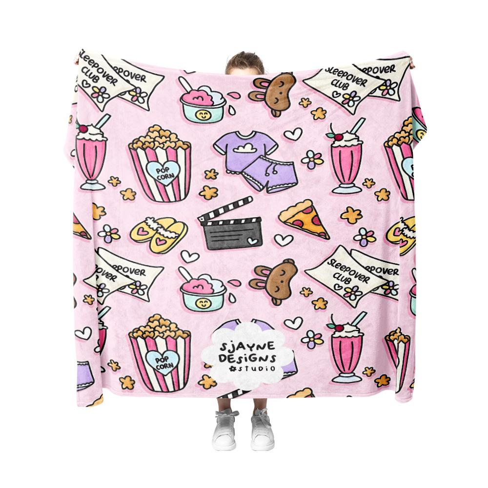 DOPAMINE Cartoon Fleece Blanket - Soft Plush Throw for Girls Room Cozy Pink Sleepover Club Blanket with Popcorn Milkshakes