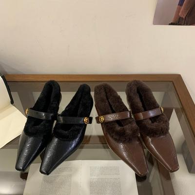 Korean Wear Thick Heel Small Leather Shoes British Velvet Warm Cotton Shoes Winter Fluffy Shoes Medium Heel Mary Jane Shoes