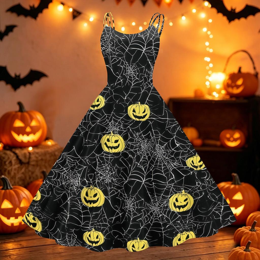 Womens Halloween Spider Web Pumpkin Print Vintage Punk Off Shoulder Dress Sleeveless Flared Skirt Party Costume Dress