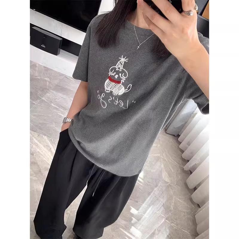 

2025 Лето Женский Вышитый Щенок Короткий Рукав Повседневный Свободный Топ L