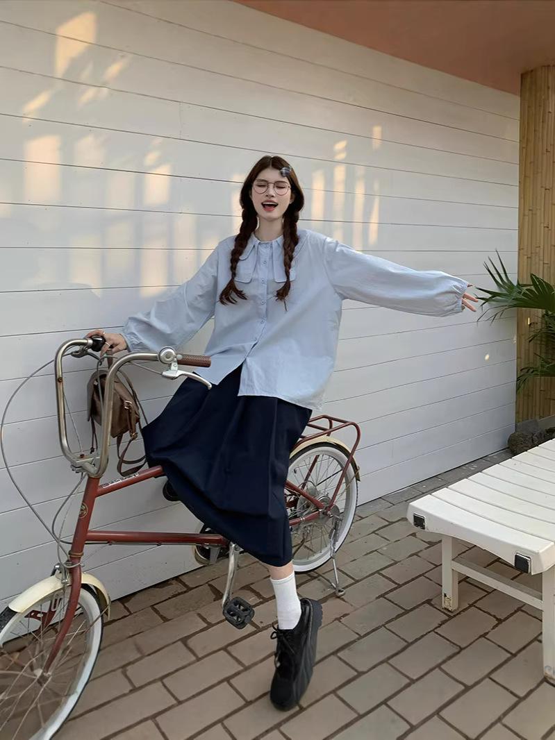 Plus Size Women s Spring Doll Collar Shirt & Pleated Skirt College Style Two-Piece Set XXXL